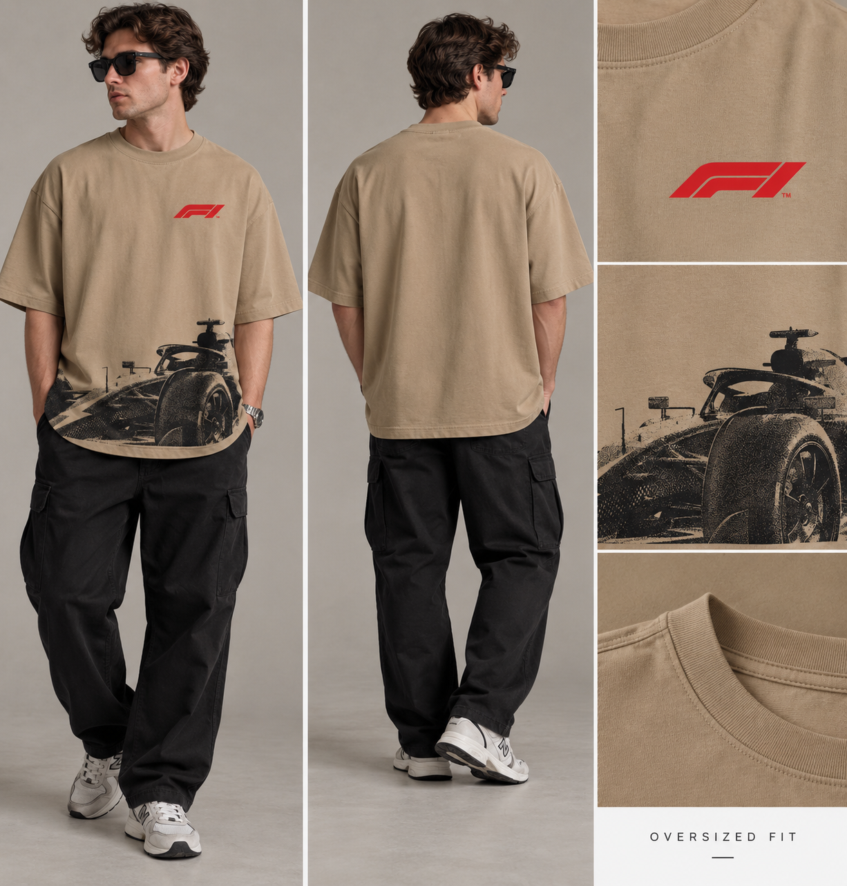 F1 B/W Oversized T-Shirt Beige - Unisex
